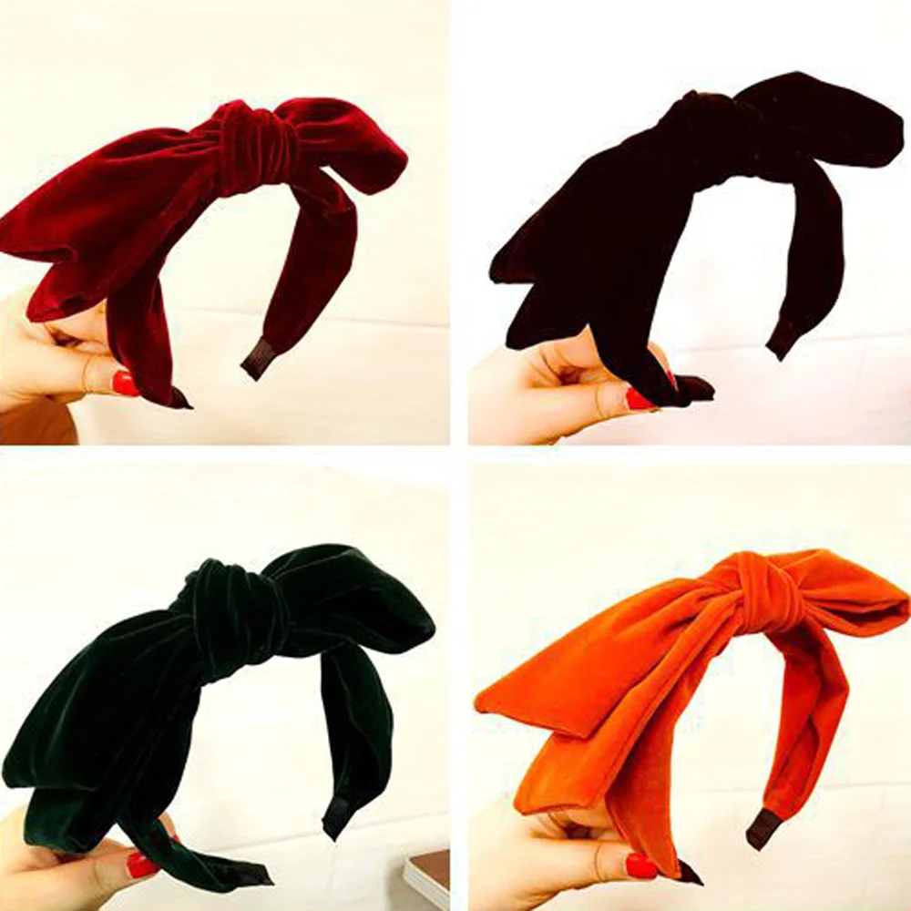 Women Hairbands Fashion Elegant Retro Headwear Accessories Vintage Velvet Hair Hoop Big Bow Headband Thick Solid Color Hair Band