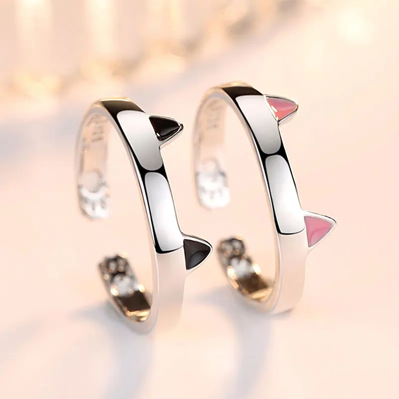 

Cute 925 Sterling Silver Black Pink Cat Ear Ring Animal Open Paw Finger Rings For Party Jewelry Drophipping S-R365