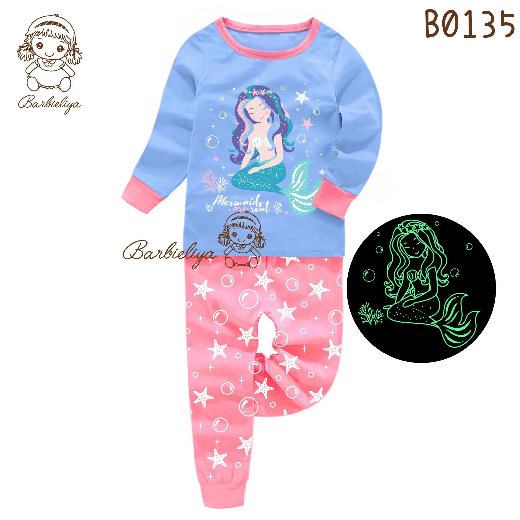 B0135 Пижама с длинными рукавами; детский пижамный комплект из хлопка; Пижама с героями мультфильмов; Одежда для девочек; сезон осень; детские пижамы; пижамы для малышей; garcon hiver Glow - Цвет: B0135