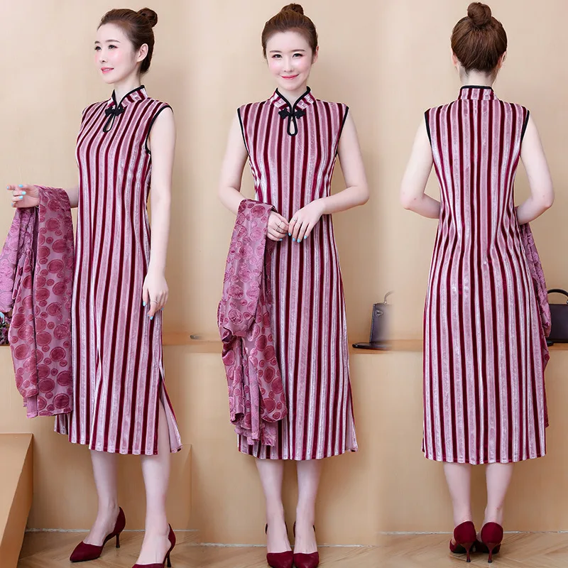 

2019 Improved Cheongsam Dress Mid-length Retro Shawl Outdoor Two-Piece Set Gold Velvet Cardigan Vest