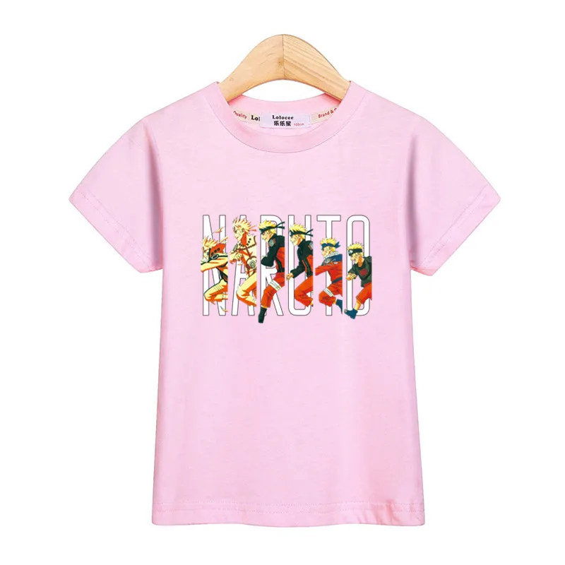Детская футболка с аниме топы с короткими рукавами для мальчиков, футболки с изображением Наруто, костюмы, детская повседневная хлопковая рубашка Летняя брендовая футболка 4-14T - Цвет: Pink