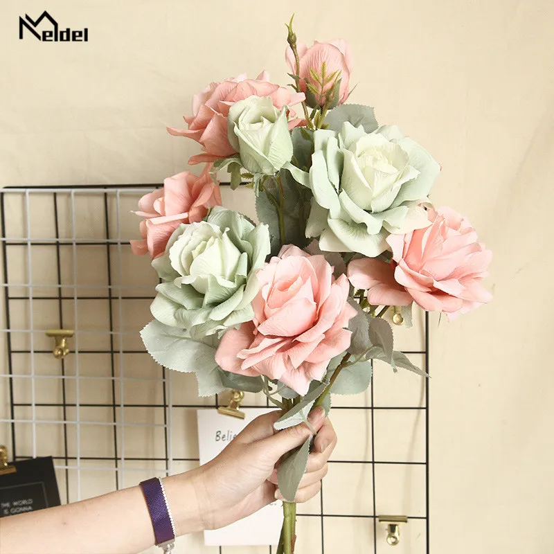 Artificial Rose Flowers Wedding Flower Decoration Meldel Artificial Fake Flowers Red Silk Roses Bouquet Small Pink Flowers Home Decoration Accessories Wedding Flower Roses Decor