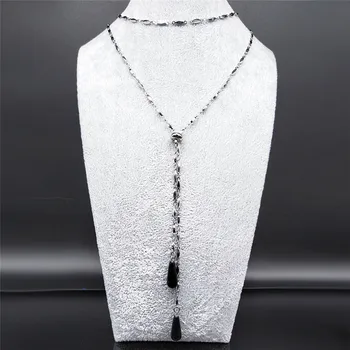 

2020 Water Drop Black Natural Stone Stainless Steel Necklace Women Silver Color Long Bohemian Necklace Jewelry ketting N20334