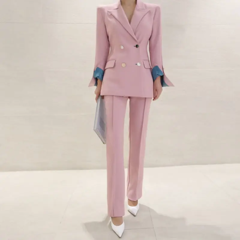 

new fashion pink women set high quality long-sleeved jacket and pants 2 pieces two-piece casual party office pants suit set
