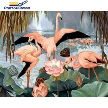 PhotoCustom DIY Paint By Number Flamingo Animals Kits Home Decor Handpainted Oil Painting on the wall