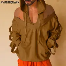 

INCERUN Tops 2021 Men Fashion Hoodies Fashion Long Sleeves Off Shoulder Leisure Hoodies Off-the-shoulder Hooded Sweatshirt S-5XL