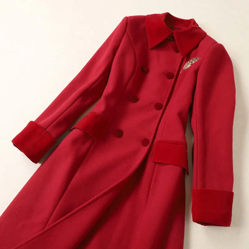 Распродажа; красное шерстяное пальто принцессы; Модное теплое двубортное пальто с отложным воротником