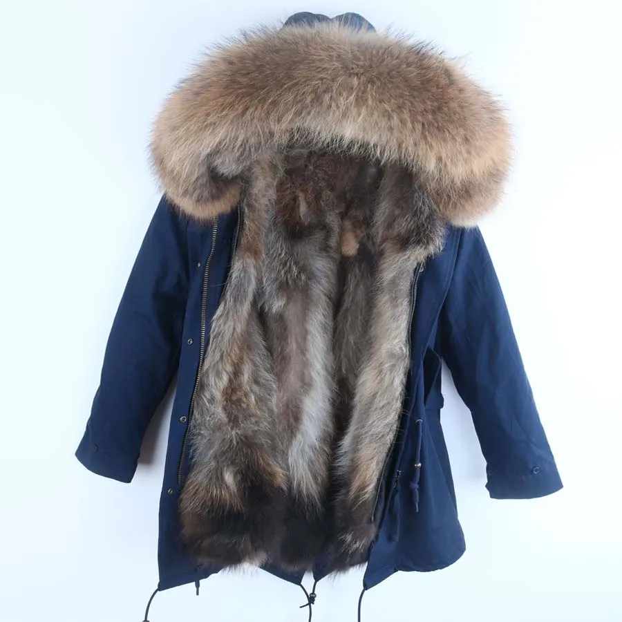 Толстая Теплая мужская верхняя одежда из натурального меха енота, пальто с капюшоном, природный енот, куртка с подкладкой из натурального меха, мужская зимняя куртка - Цвет: 2 Navy coat