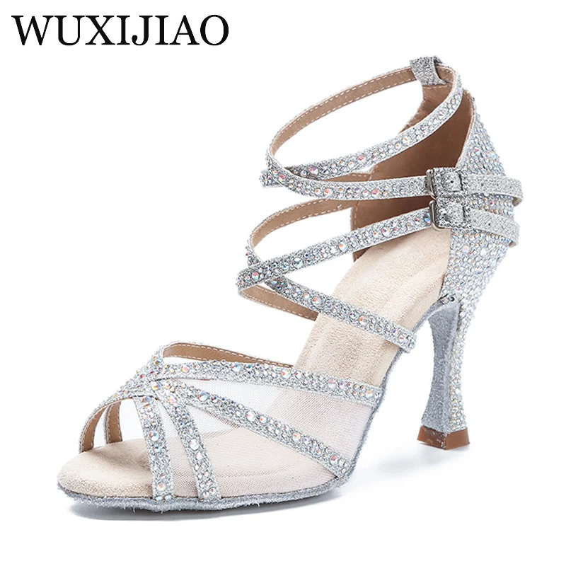 WUXIJIAO Silver silk satin rhinestone modern dance shoes Latin dance shoes wedding shoes Baotou rhinestone designarty