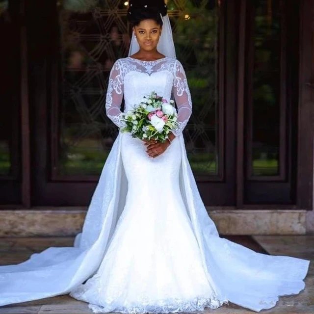 New Country Lace Mermaid Wedding Dress Long Sleeves Detachable Train Jewel  Neck White African Nigerian Lace Bridal Gown