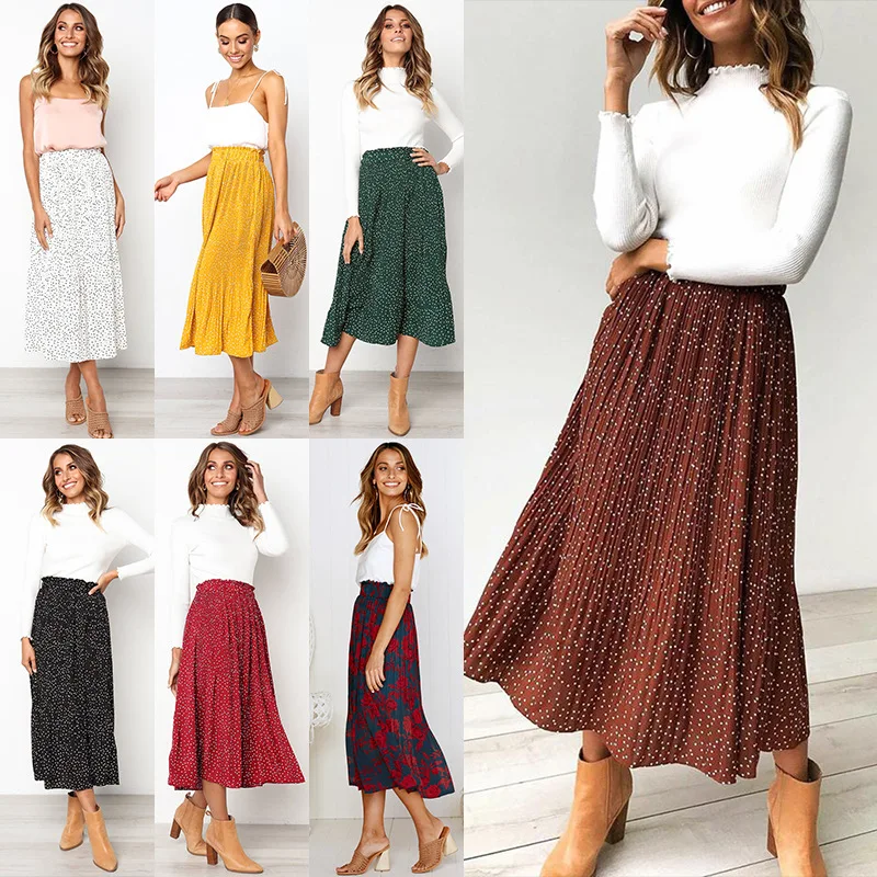 

CUILANGXUAN 299900# 7 Colour S-XL Dots Floral Print Pleated Midi Skirt Women Elastic High Waist Side Pockets Skirts