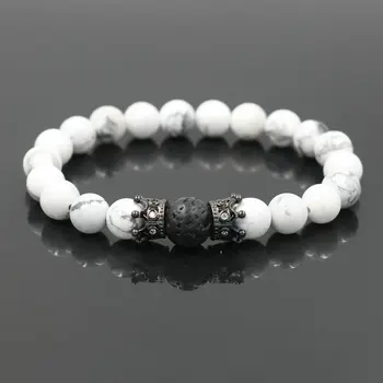 Men Bracelet Natural Howlite Stone Beads Bracelet Men Luxury Crown Couples Distance Bracelets For Women Male Jewelry Pulseira