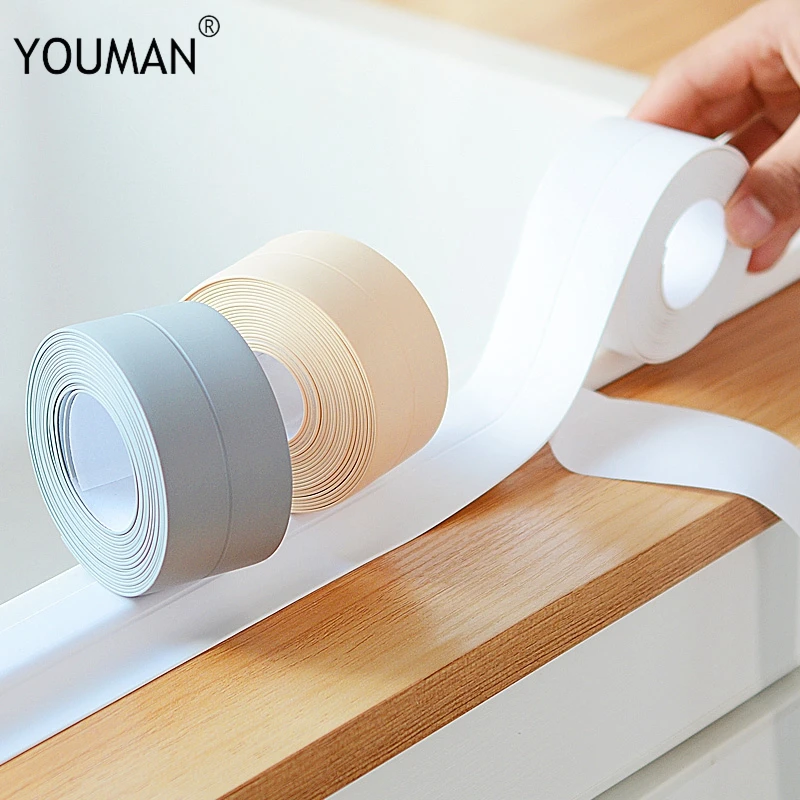 

Beige PVC Material Self Adhesive Wallpaper Borders Kitchen Bathroom Wall Sealing Tape Waterproof Mold Proof Adhesive Solid Tapes