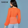 SHEIN Bright Orange Deep V Neck Tie Side Wrap Blouse Women Tops 2019 Autumn Pleated Sleeve Solid Elegant Belted Shirt Blouses Blouses & Shirts Women's Women's Clothing