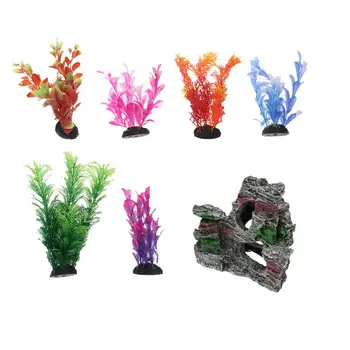 

6pcs Fish Tank Aquarium Landscaping Artificial Lifelike Emulational Fake Water Plants with 1pc Resin Mountain