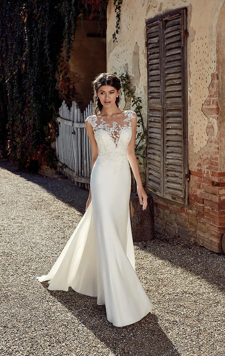 

High Quality Satin Mermaid Boho Wedding Dresses 2019 Cap Sleeve Scoop Neck Tulle Lace Applique Plus Size Wedding Bridal Gowns