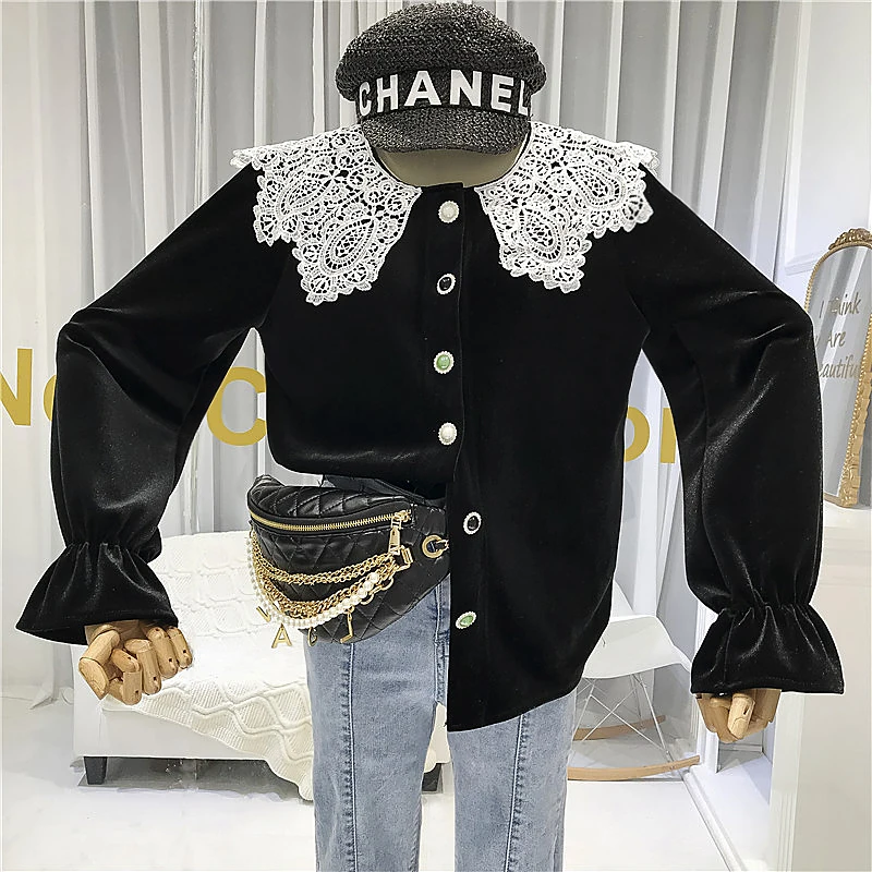 

VELOUR Vintage Womens Tops and Blouses Turn-down Collar Solid Korean Fashion Clothing Women Long Sleeve Shirts Korean Top