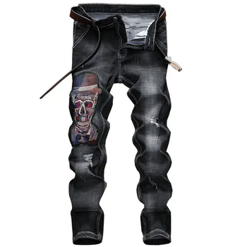 

KIOVNO Men Ripped Casual Jeans Pants Skull Embroidered Denim Trousers For Male Straight