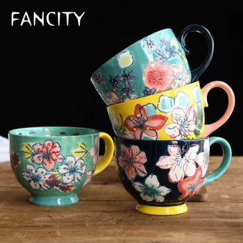 

FANCITY Hand-painted relief ceramic cup with large capacity milk cup breakfast cup oatmeal cup dessert cup home