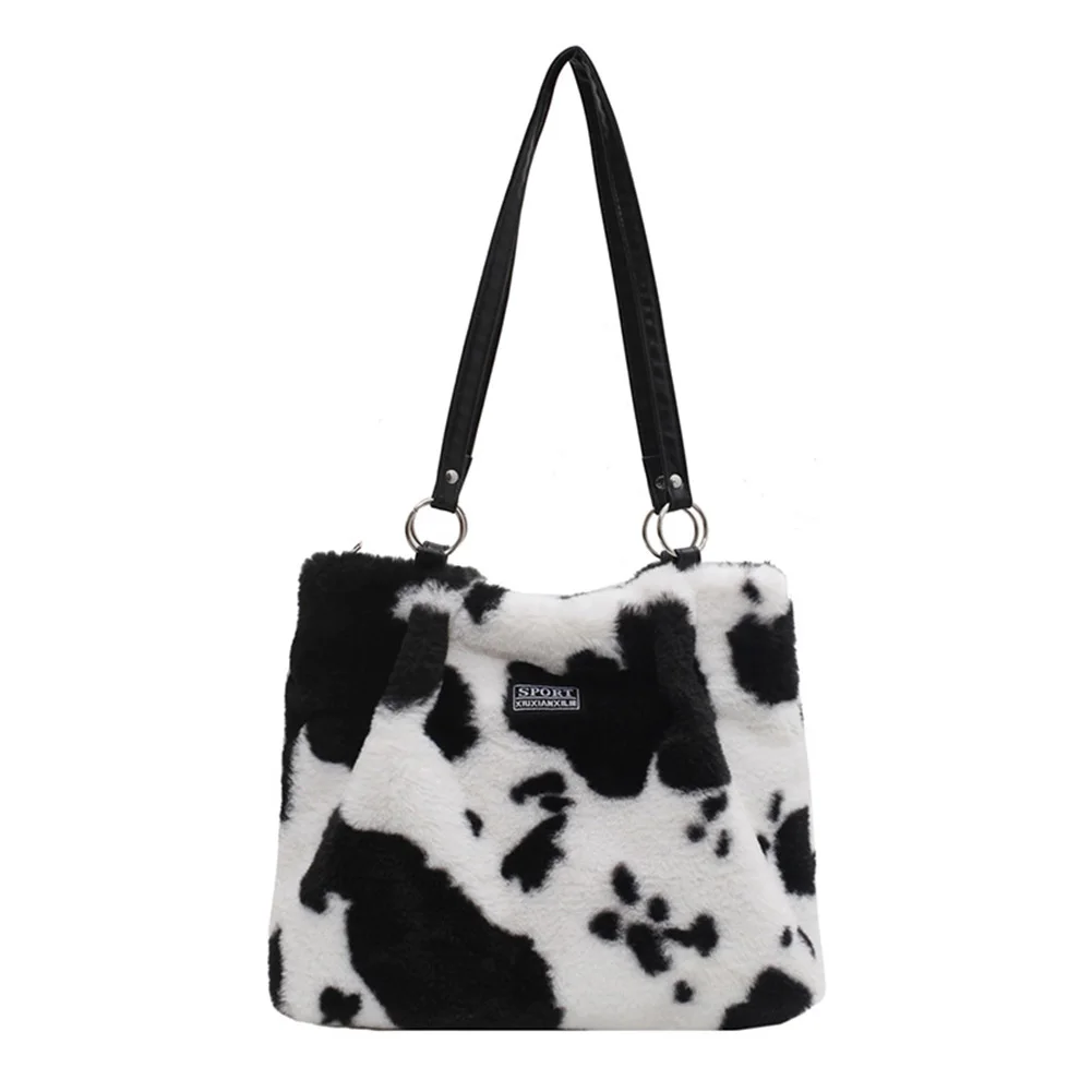 Vintage Plush Printing Women Large Capacity Shoulder Bags Fashion Zebra Cow Pattern Female Autumn Winter Casual Shoulder Handbag