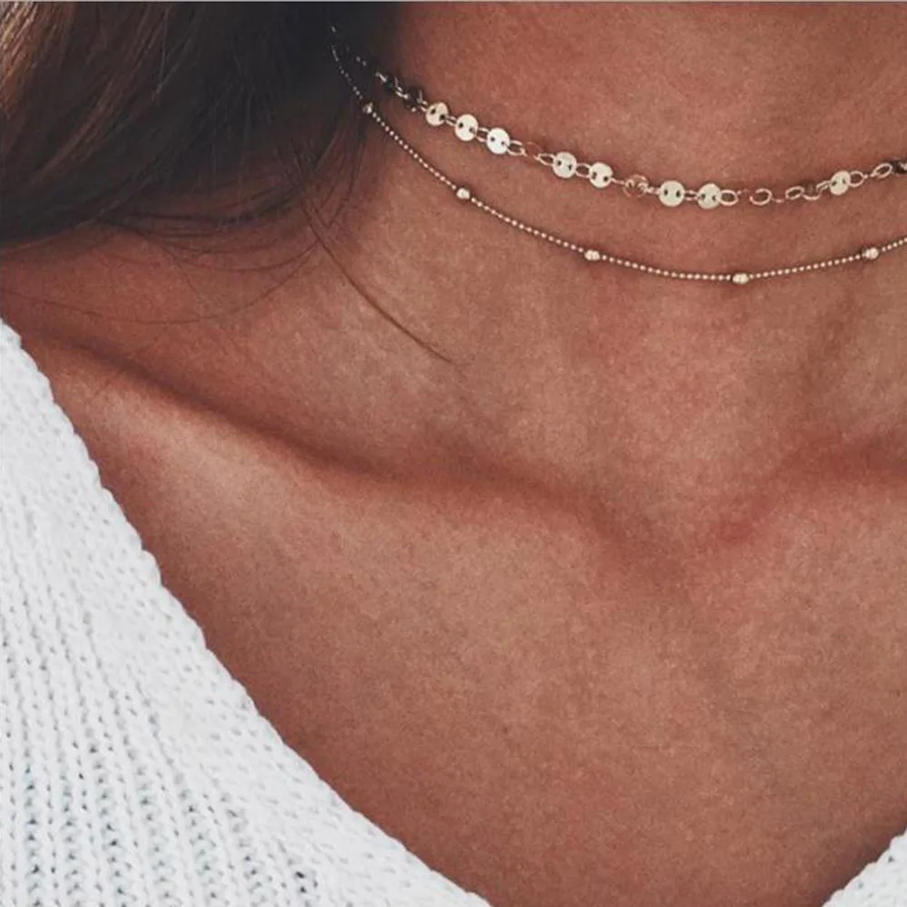 

2020 NEW Simple choker necklace Sequins Two layer pendant necklace for women chocker Collar Mujer gargantilha Collier Femme