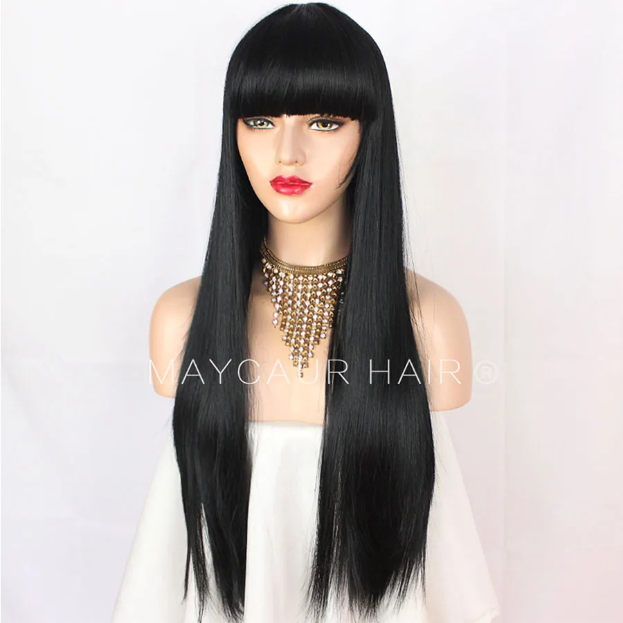 Long Straight None Lace Front Wig for Women Synthetic Black Hair Wigs with Full Bangs Glueless Heat Resistant Fiber Hair-Maycaur (4)