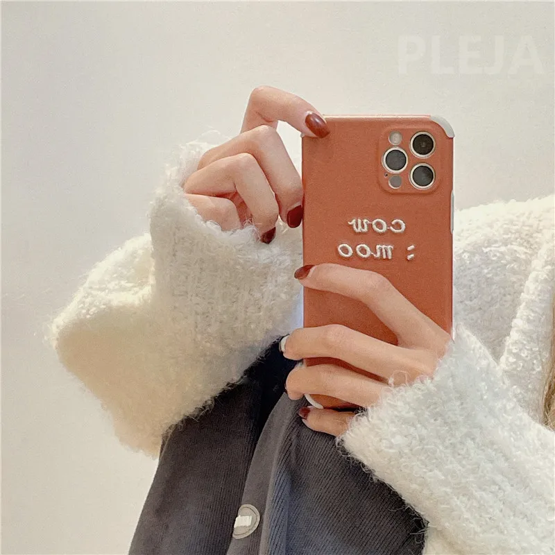 Simples bordado letras relevo caso do telefone para o iphone 12 mini 11 pro max 7 8 plus x xr xs max se 2020 capa de couro casos macios