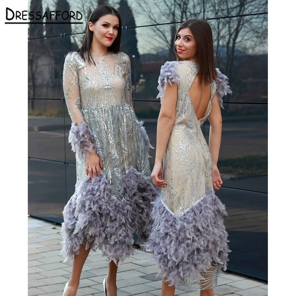 

Feather Lace Evening Dress Long Sleeve Ankle Length Short Prom Gown Party Dresses
