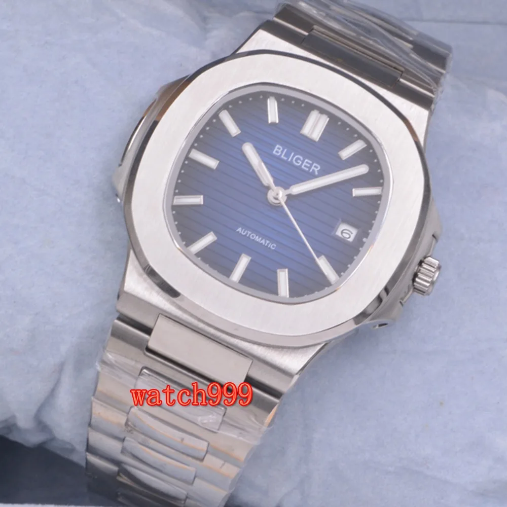 BLIGER 39 мм автоматические мужские часы синий циферблат модный дизайн серебряный корпус стальной ремешок из нержавеющей стали водонепроницаемые механические часы