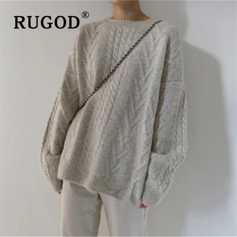 RUGOD, винтажный витой женский свитер, корейский, рукав летучая мышь, свободный, auturm, пуловеры для девушек, модные, одноцветные, Свитера большого размера
