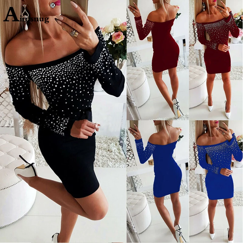 

Aimsnug Sexy Elegant Leisure long sleeve pearl beading dress women sheath bodycon dresses vestido Female slash necK party dress