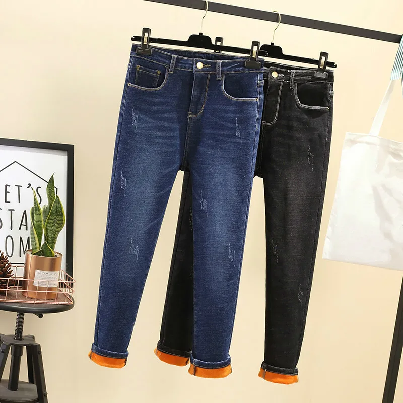 Женские зимние джинсы с высокой талией, Стрейчевые узкие джинсы-карандаш, теплые флисовые повседневные джинсы для мам, плотные брюки, Vaqueros Mujer
