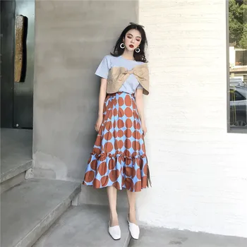 

Women's Fashion Tshirt and Skirt Set Summer Chic Bow Short Sleeve T-Shirt + Polka Dot Print Long Skirt Two Piece Set Women