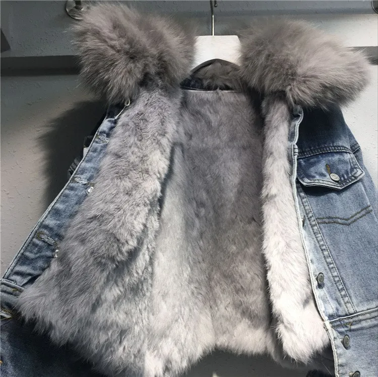 New Loose Women Denim Coat Female Real Rabbit Fur Line Denim Jacket Long Sleeve Jeans Jacket With Fur Parka Outwear Thick