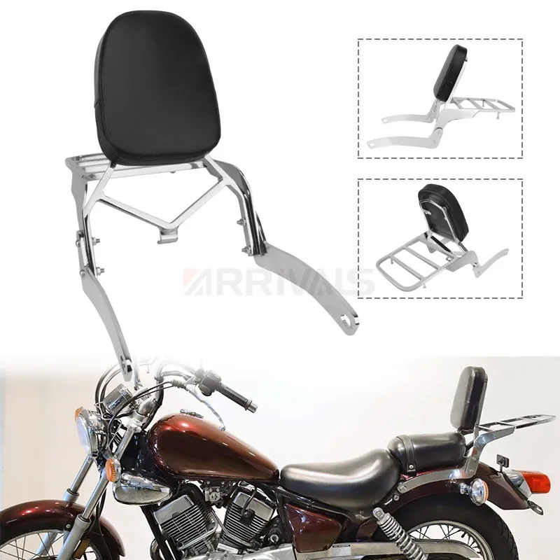 Dossier Passager Arrière Moto Avec Support Porte-bagages - Pour Yamaha Virago XV400/XV535 (1987 Et +) - Structure Acier, Coussin PVC/PU - Couleur Argent/noir