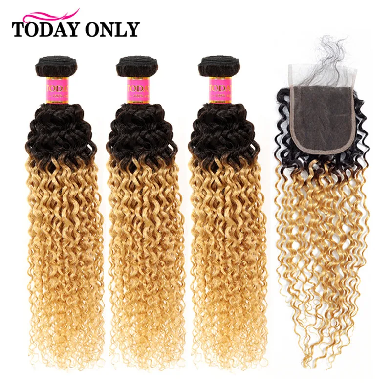 

TODAY ONLY Kinky Curly Bundles With Closure Ombre Blonde 3 Bundles With Closure 1b/30 Natural Color Remy Peruvian Hair Bundles W