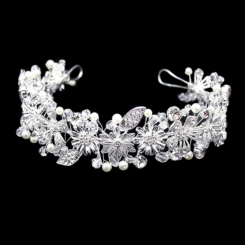 Skup Ręcznie robione srebrne kryształowe panny młodej głowy kawałki ślubne akcesoria do włosów Vintage liść Rhinestone ślubne opaski Tiara dla kobiet