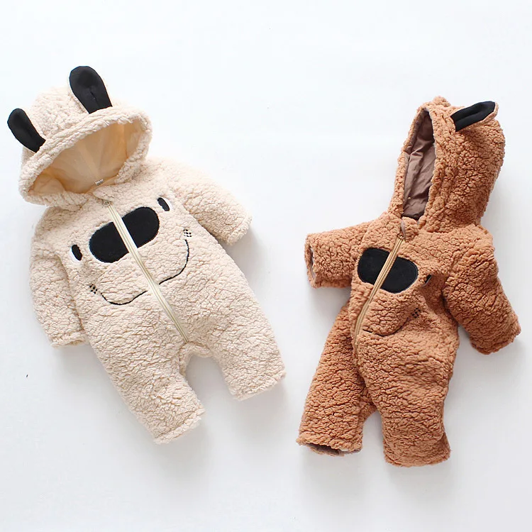

Winter Kids Onesies Baby's Clothing Rompers Lamb Velvet Padded Smiling Cute Bear Face Print Baby Boy Girls Jumpsuit