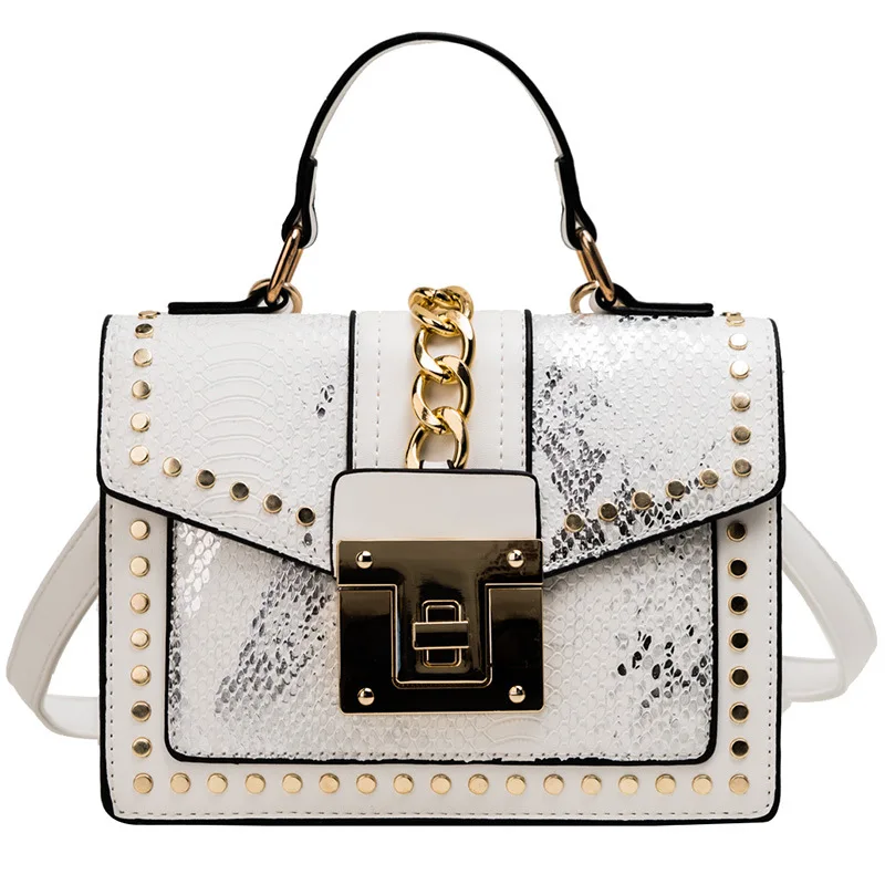 FUNMARDI, маленькие женские сумки, Змеиный дизайн, сумки через плечо, винтажные сумки на плечо с заклепками, женская сумка с клапаном из искусственной кожи, WLHB2033 - Цвет: Белый