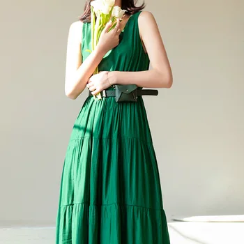 

Dress summer 2020 new Japanese pleated sleeveless loose dress was thin long red A word dress suspender yellow dress Fashion