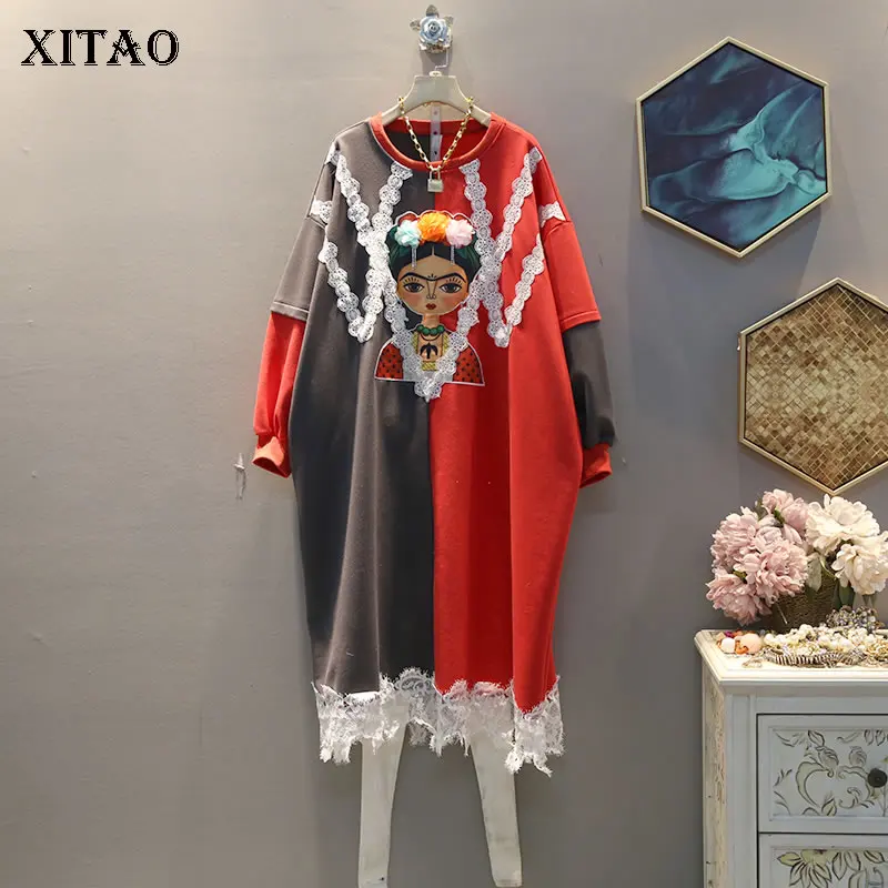 

XITAO Spring 2020 Dress Women Lace Stitching Korean Style Cartoon Girl Sticking Cloth Dresses Loose Plus Size Streetwear GCC3243