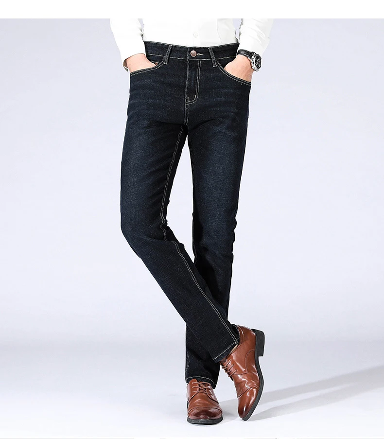Модные мужские черные синие джинсы, мужские осенние зимние деловые прямые Эластичные Обтягивающие джинсы, Мужские повседневные джинсы высокого качества