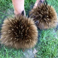 Summer Kids Fur Slippers Fluffy Raccoon Fur Slides Furry Real Fox Fur Flip Flops Flat Children Rainbow Shoes Girls Fur Sandals 1