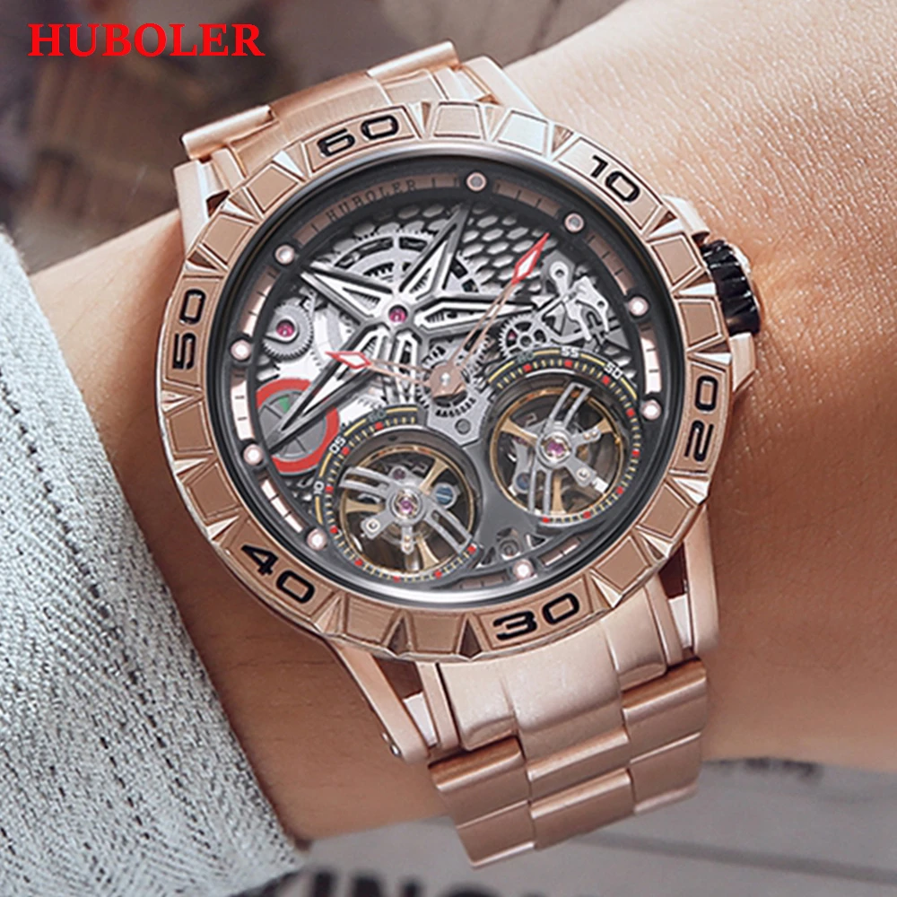 

Mechanical Wristwatches Mens Watches Top Brand Luxury Double Tourbillon Automatic Stainless Steel Sapphire Crystal Watch Men New