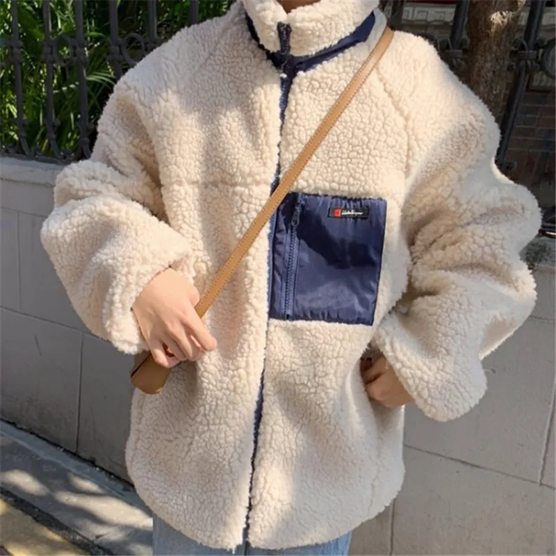beige Пальто из искусственного меха с карманом, короткое, плюшевое, женское, белое, зимнее, теплое, кроп, меховая куртка, сексуальная уличная одежда, осенняя мода, черное пальто - Цвет: beige