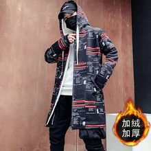 Мужской Тренч с капюшоном и буквенным принтом, уличный хлопковый мужской теплый Бомбер с лентами в стиле пэчворк, зимняя куртка в стиле Харадзюку