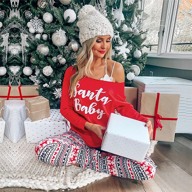 

2pcs Christmas Women Red Suit Oversized Letter Printed Long Sleeve Top Elastic Band Printed Pencil Pants Ladies Holiday Homewear
