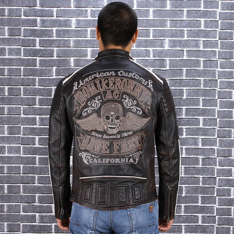 

HARLEY DAMSON Vintage Black Men American Motorcycle Leather Jacket Plus Size XXXXL Genuine Cowhide Spring Slim Fit Biker's Coat