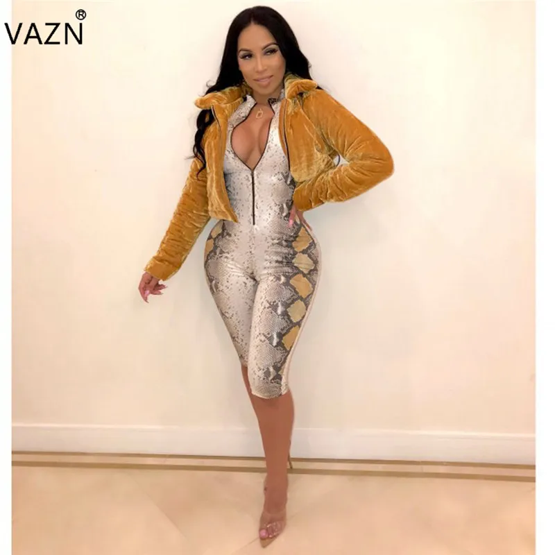 VAZN высокое качество дизайн женские обтягивающие костюмы с принтом сексуальные без рукавов Глубокий v-образный вырез женские открытые комбинезоны ML7166