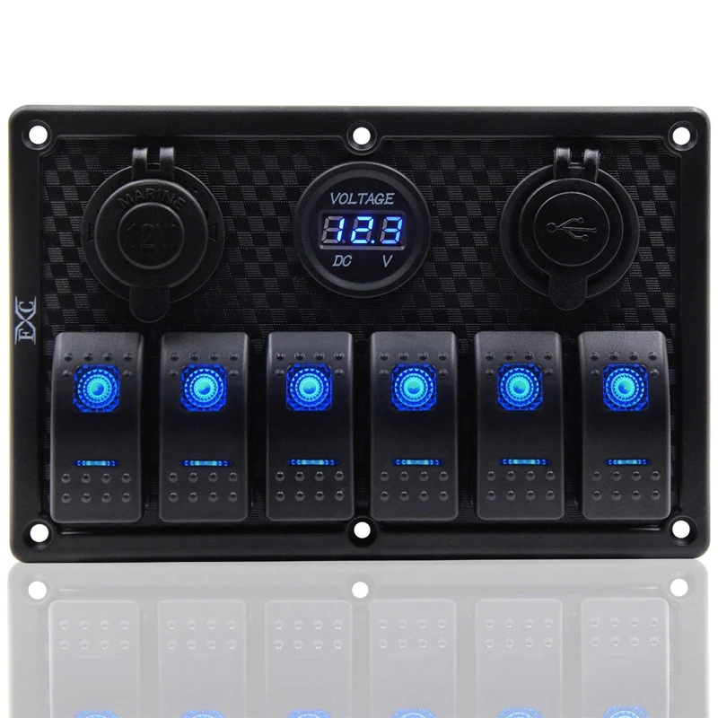 12V 24V Waterproof 6 Gang Blue LED Rocker Switch Panel Toggle Circuit Breaker Dual USB Toggle Contr - 32944164488